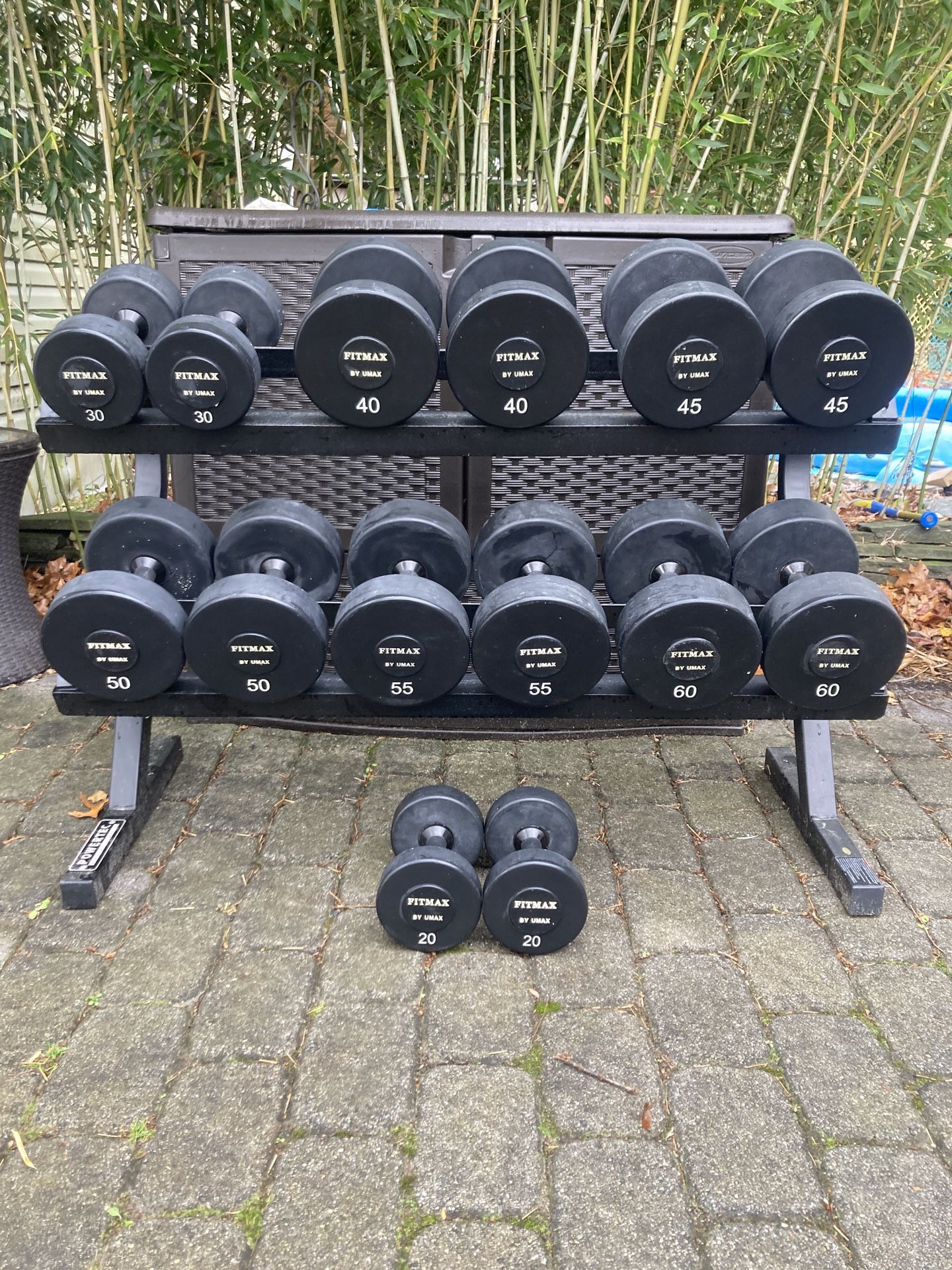 Complete Set Of Fitmax By Umax Thermal Polyurethane Encased Dumbbells From 20 To 60 Lbs.