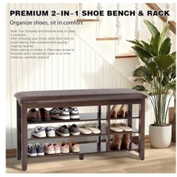 3 Tier Shoe Rack Bench for Entryway, Adjustable Storage Shelves, Rubberwood Storage