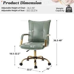 😀 Faux Leather Home Office Desk Chair, Adjustable Swivel Computer Chair with Golden Legs and Arms, Comfy Upholstered Task Chair, Sage