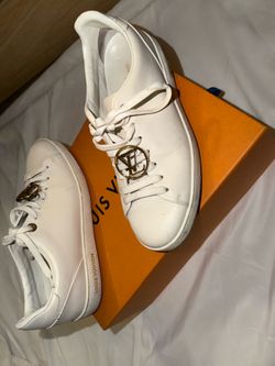 Louis Vuitton Frontow White Leather Sneakers w/ Gold LV charm- SIZE 37