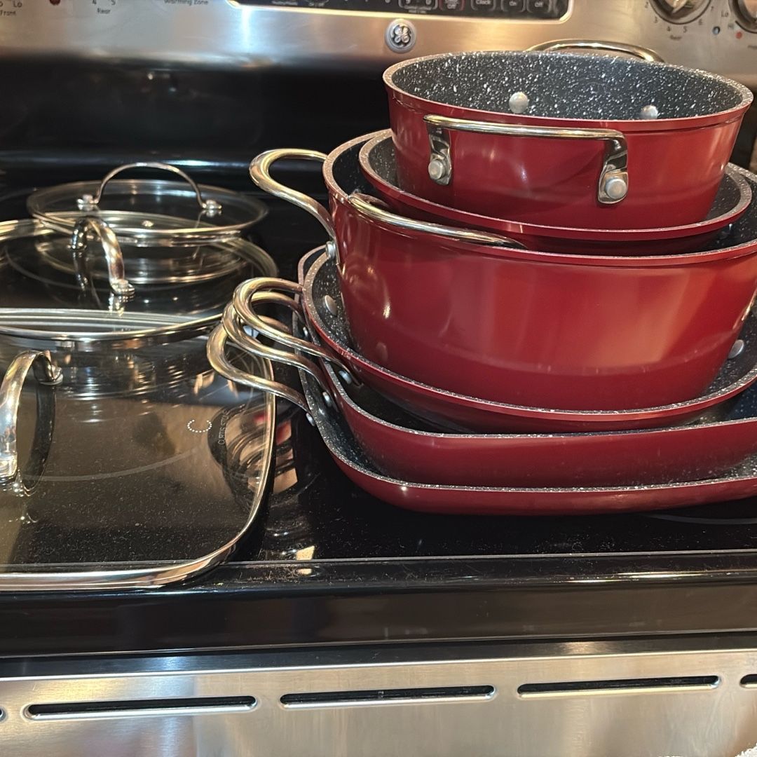 Cookware Set RED Curtis Stone 9 pc Dura-Pan Stacking Cookware Set RED ...