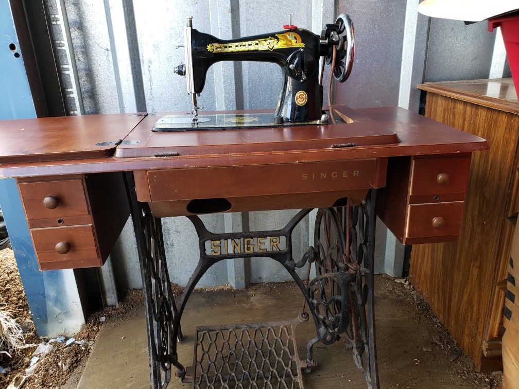 Antique Singer Treadle Sewing Machine In Cabinet, circa 1910 W/ Original Manual & Free Singer Sewing Chair