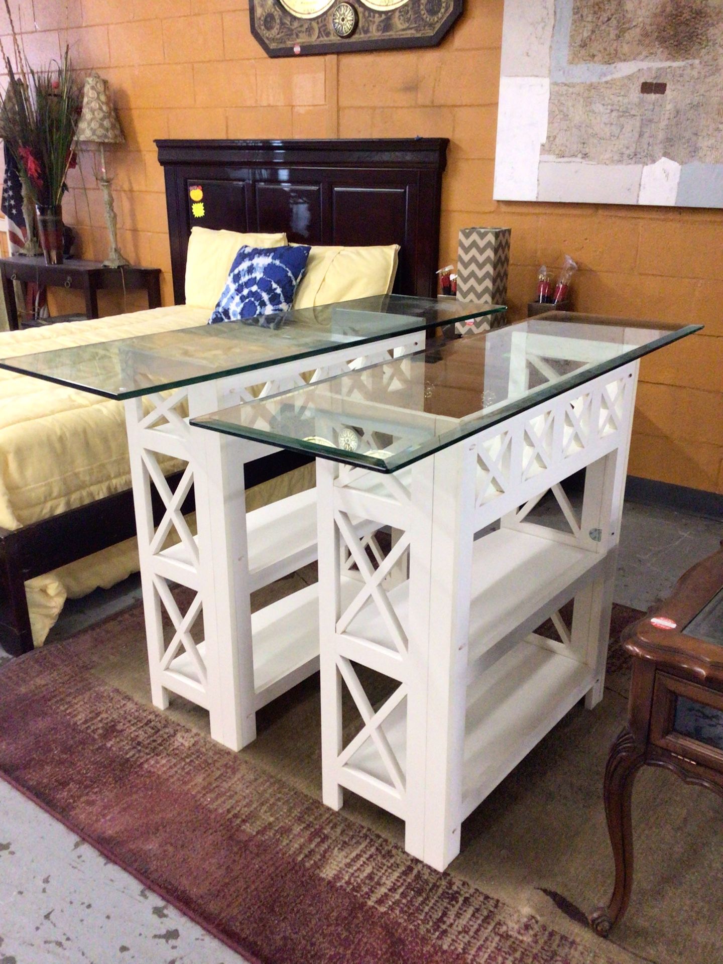 Two White Glass Top Table With Shelves For Sale