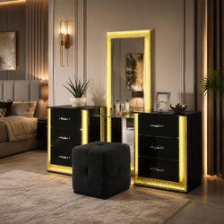 GLAM BLACK LED LIGHT GOLD TRIM STOOL MIRROR MAKE-UP VANITY CABINET COUNTER STORAGE DRAWERS TOCADOR