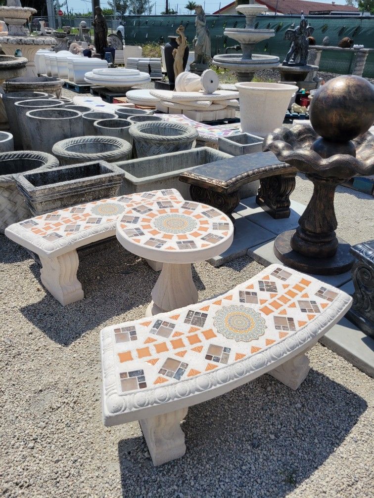 Concrete Mosaic Cocktail Table with 2 Benches/ Outdoor Patio Furniture
