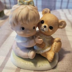 Vintage Baby Girl With Teddy Bear Figurine 