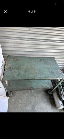 Vintage industrial Green Metal 2-Shelf Utility Cart on Wheels
