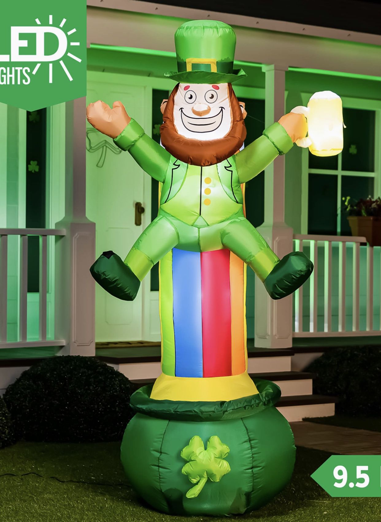 St. Patrick’s Day yard inflatable leprechaun with beer pot of gold rainbow used. Great condition tested