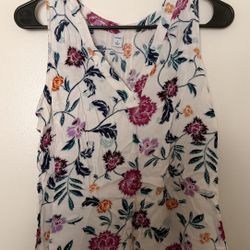 Floral V-Neck Sleeveless Blouse - Cream Base with Pink & Green Flowers