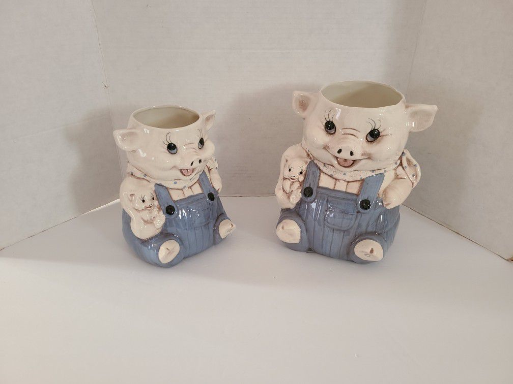 Vintage 2pc Set Pig Flower Planter Pots Or Utensil Holder Container Country Farmhouse Shabby Chic Piglets Piggy