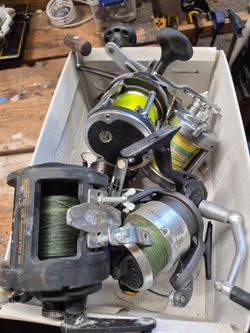 Marine, boating gear. Anchor, ropes, spear gun, reels, rods, misc