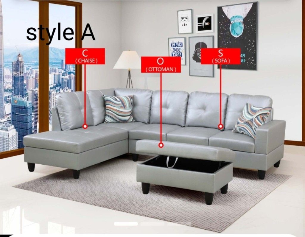 Silver Semi PU Synthetic Leather 3 PCs Sofa Set With Ottoman 