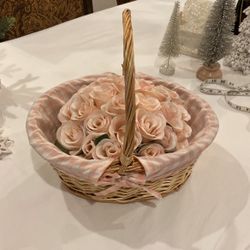 Pink Gingham Lined Basket And Pink Roses In A Ceramic Pot. 