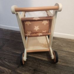Wooden Baby Walker Push and Pull Doll Stroller, Shopping Cart 