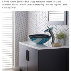 Beautiful Glass Bathroom Vessel Sinks and Waterfall Faucets Set