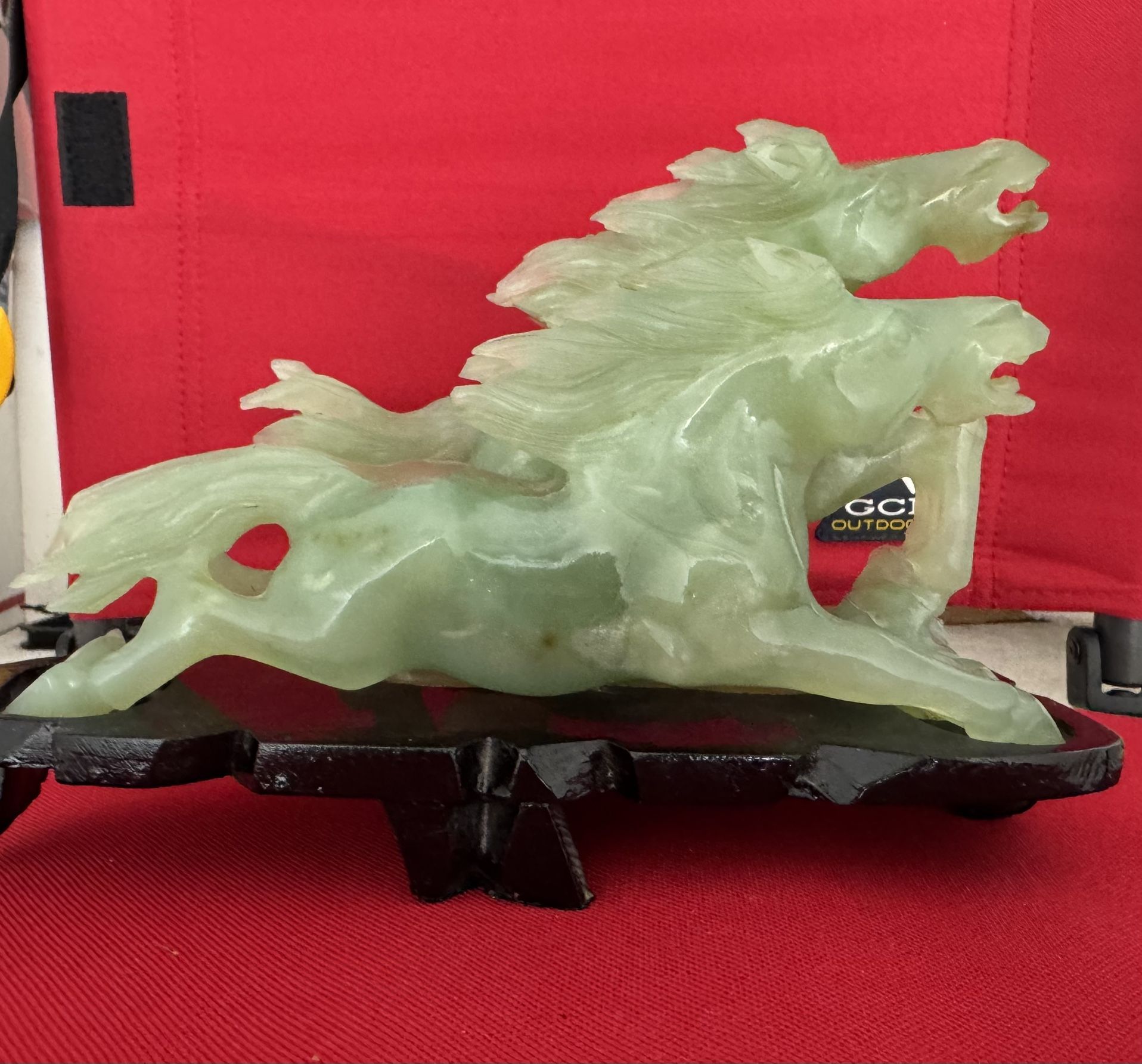 Green Carved Jade Horses Statue with Wooden Stand