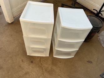 Two white storages with 3 draws in each , one for $10 , two for $15