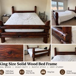King Size Solid Wood Log Bed Frame – Heavy Duty Rustic Bed
