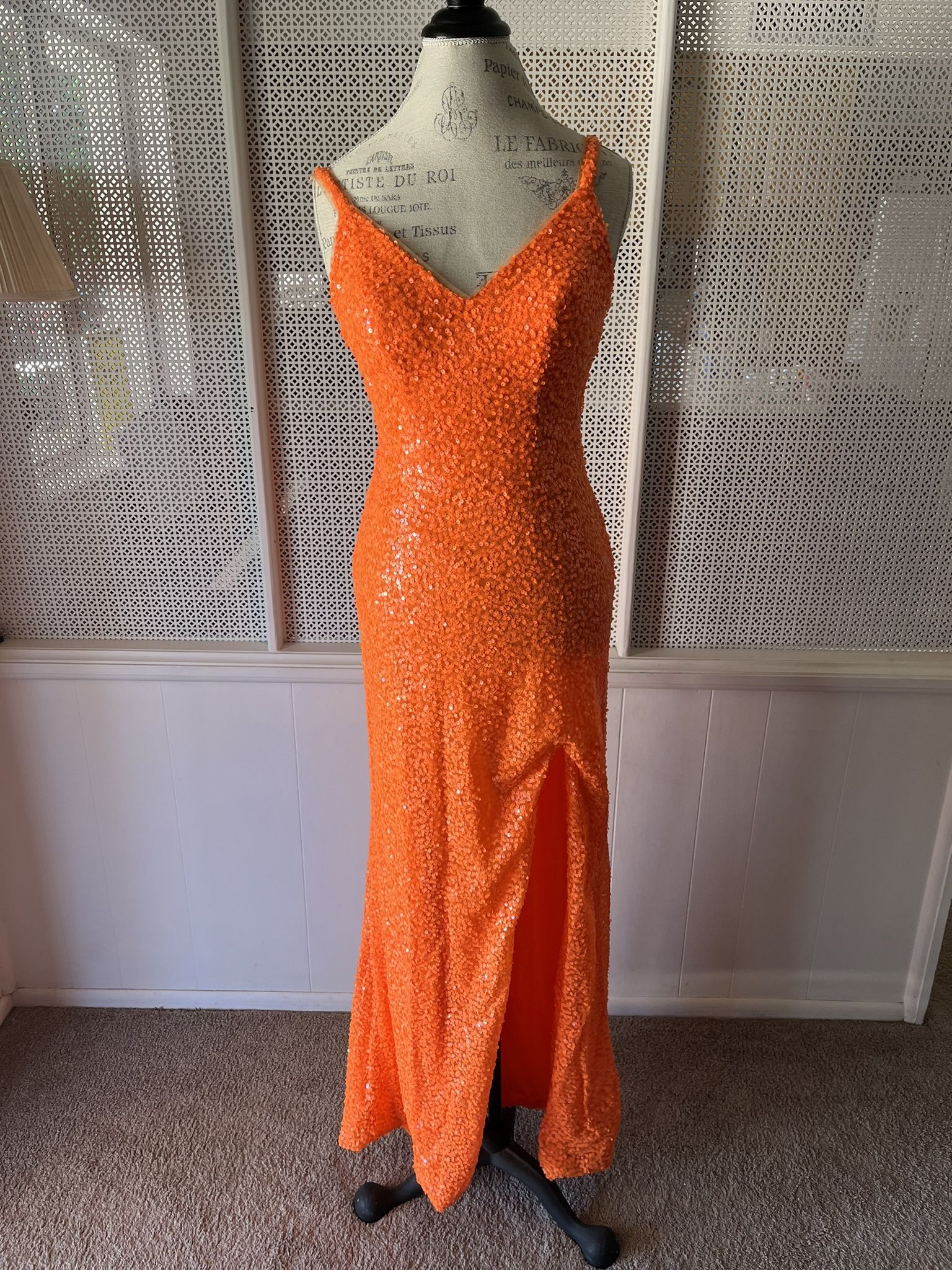 Orange Sequin Formal/Prom Dress With Leg Slit