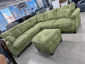 Modern Sage Green Corduroy 4-Piece L-Shape Sectional Couch Set w/ Matching Ottoman
