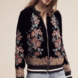 Anthropologie Elevenses Embroidered Velvet Bomber Jacket
