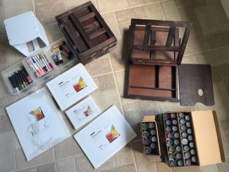 King Art Easels (3), paint pens, acrylic paint, canvases