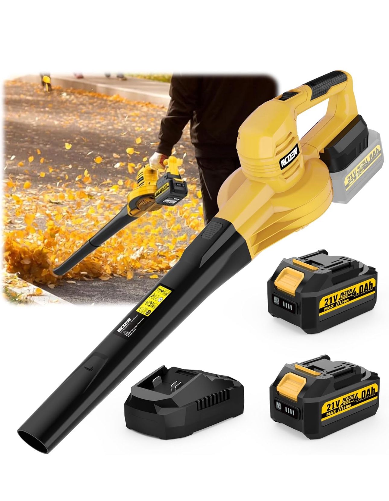 21V Cordless Leaf Blower with 8.0Ah Max Battery and Charger (2 x 4ah - Powerful 2-Speed Battery Powered Leaf Blower for Lawn Care, Blowing Leaves, Pat