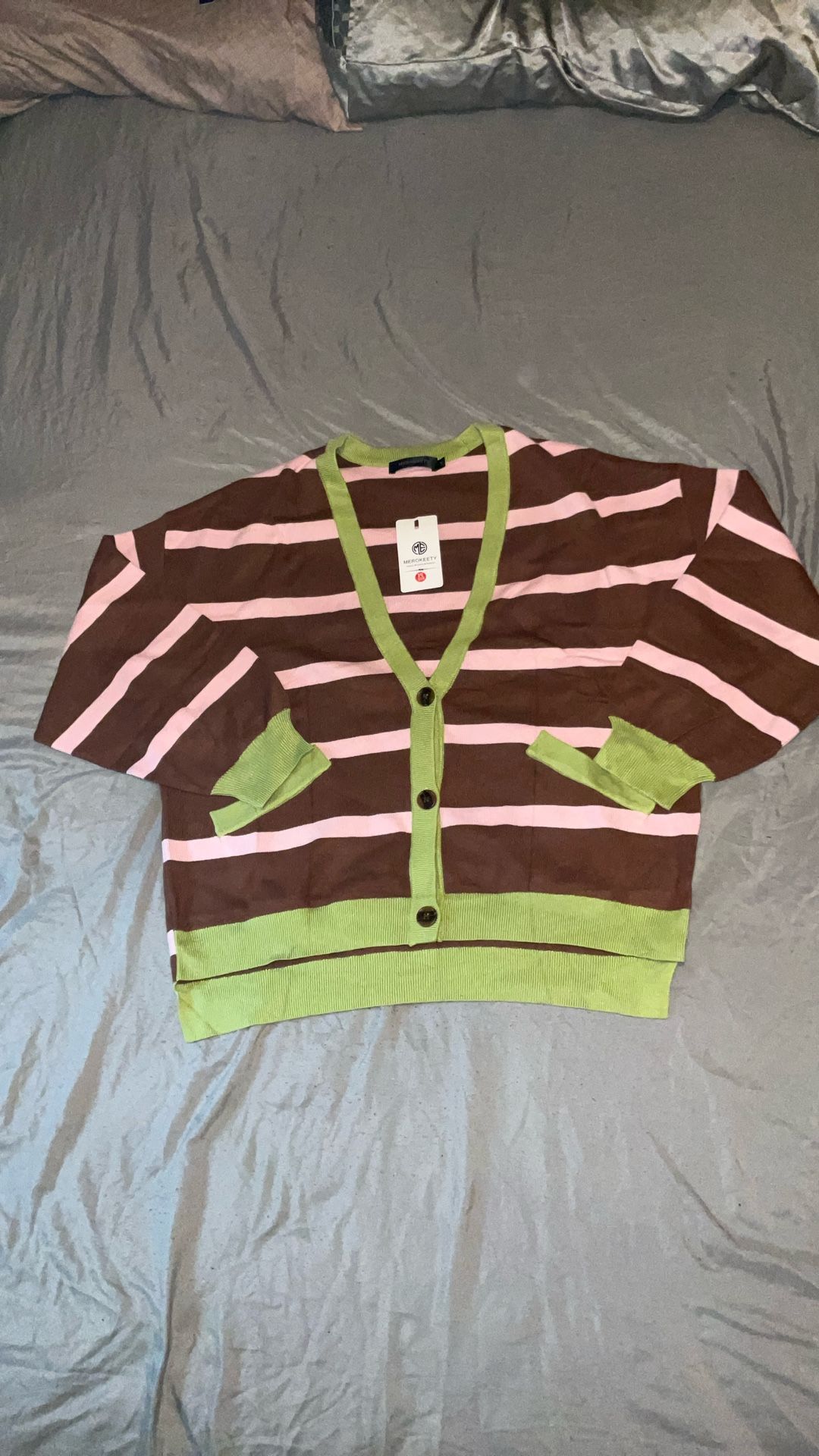 MEROKEETY WOMEN CARDIGAN SWEATER MULTI COLORS COFFEE BROWN/PINK STRIPS AND GREEN COLLAR