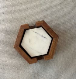 4 Piece Marble Drink Coaster with Wooden Holder