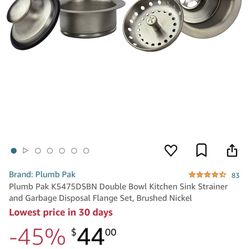 Plumb Pak-Double Bowl Kitchen Sink Strainer and Garbage Disposal Flange Set, Brushed Nickel