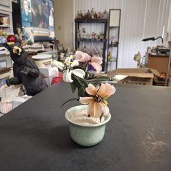 Vintage Jade Like Glass Pink & White Magnolia Bonsai Tree In A Celedon Green Ceramic Pot 6.5"H