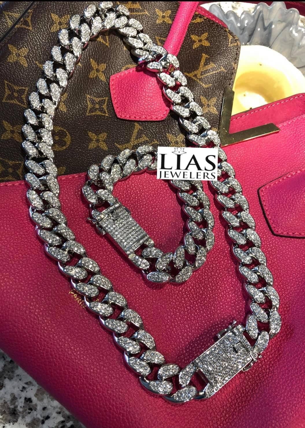 New 18k White Gold Cuban Link Chain And Bracelet