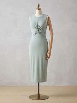 Sage Green Twist-Front Sleeveless Midi Dress