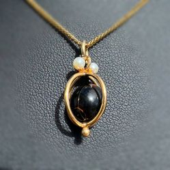 Jewelry 14k solid yellow gold pearl Victorian onyx orb ball Pendant charm
