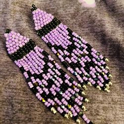 Handmade Purple & Black Seed Bead Fringe Earrings