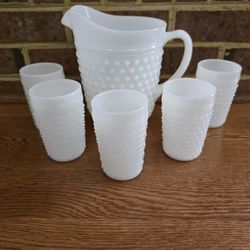 White Milk Glass Large Pitcher with Five Matching Tumblers