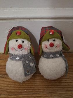 Pair Of Snowman Decorations With Plaid Hats And Scarves With Red And White Diamonds