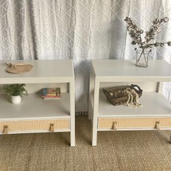 GORGEOUS Set Pair of Boho Solid Wood RATTAN Side Tables Nightstands CHIC