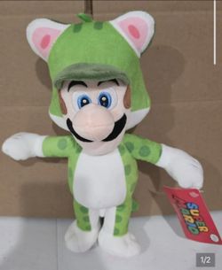 Super Mario Luigi Cat Plush - Green and White 12 inch