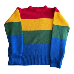 Vintage Montgomery Ward Rainbow Primary Color Striped Sweater Jumper Girl SZ L