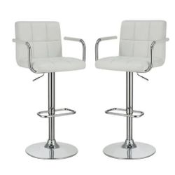 Faux Leather Adjustable Bar Stool in White and Chrome - Set of 2