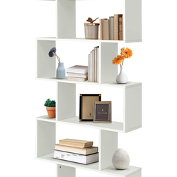 Giantex Geometric Bookcase White, S-Shaped Wooden Bookshelf, 6-Tier Modern Freestanding Decorative Storage Display Shelves for Bedroom, Living Room