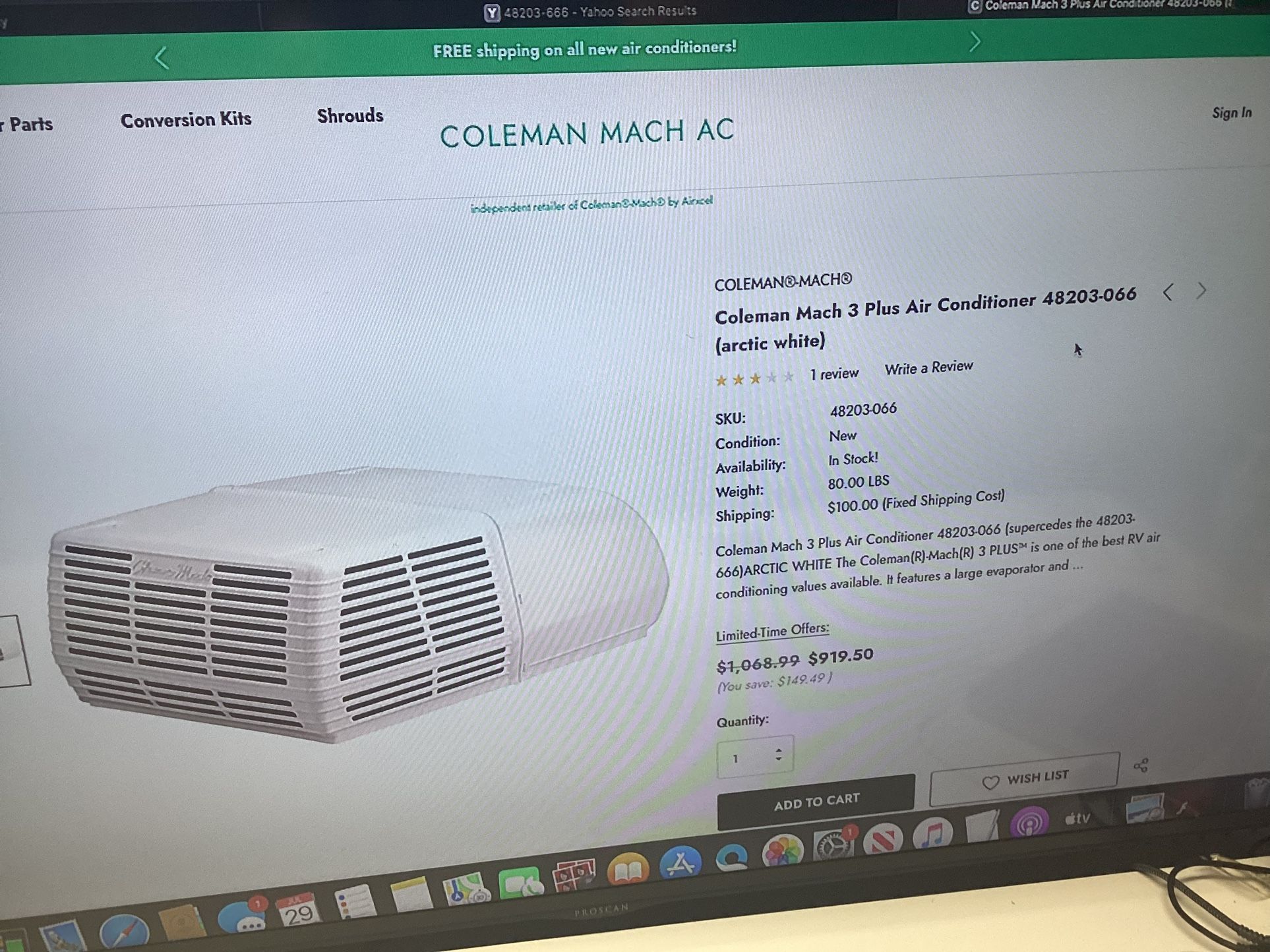 Boat Marine RV AC AIR CONDITIONER COLEMAN MACH 3 48203-066 WHITE COLD ROOF TOP Cash New Trailer MOTORHOME New