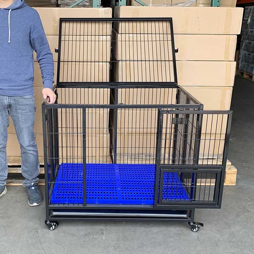 (NEW) $150 Heavy-Duty Dog Cage 37x25x33” Single-Door Folding Crate Kennel with Plastic Floor & Tray
