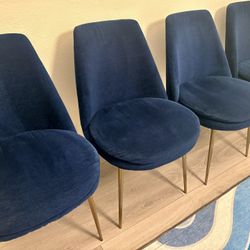 Set of 4 — West Elm Navy Velvet Mid-Century Chairs w/ Brass Legs
