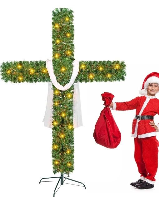 6 Ft Christmas Cross Tree with 100 Lights and a White Silk Scarf Christmas Christian Decorations Indoor Jesus Christ Catholic Cross Decor He is Risen 