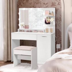Vanity Desk with Mirror and Lights, 43.3-Inch Wide Makeup Vanity with Upholstered Vanity Stool, Power Outlets, Dimmable LED Lights, Storag