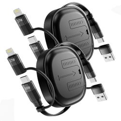 New Multi Charging Cable, 2Pack 5 in 1 Retractable Lightning Charger Cable 60W Fast Charging & Data Sync Retractable Charging Cord with IP/Type C/USB 