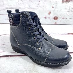Clark's Blue Whistle Bea Boot Lace Up Zip pebble leather Quilted Plaid Sz 9.5 w