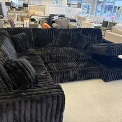 Couch BLACK  W/ Storage Chaise, Pull Out And USB  Ports 